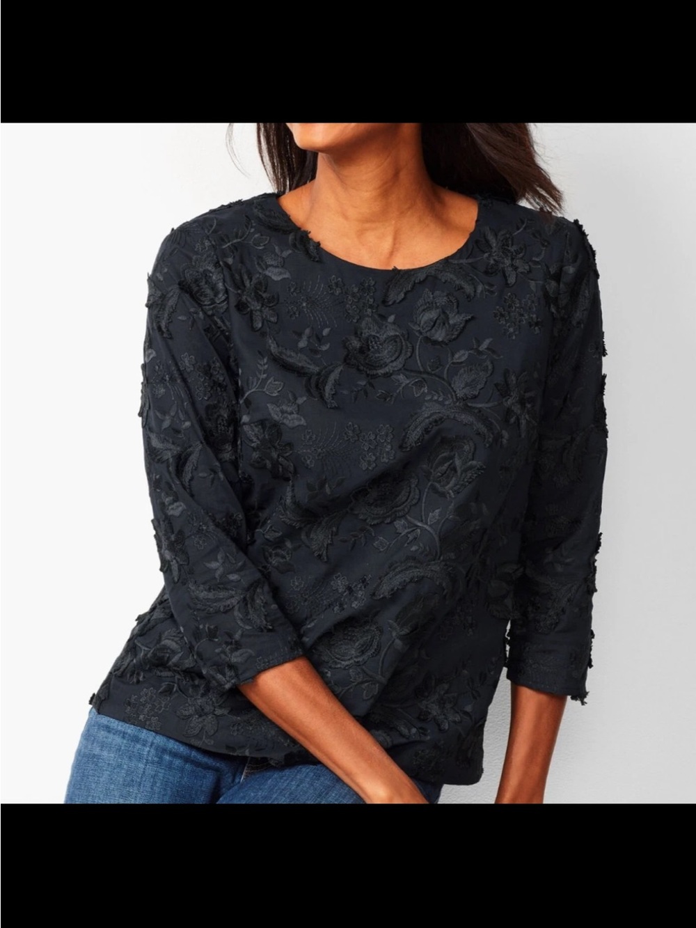 Talbots Black Floral Embroidered 3/4 Sleeve Blouse beautiful , lined sz L (14)
